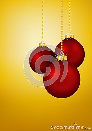 Three Red Christmas Balls hanging in front of Yellow Gold Vector Illustration