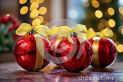 three red christmas balls with yellow ribbons on a table Stock Photo