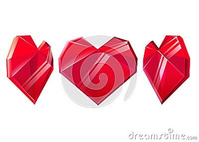 Three red crystal hearts isolated on white background. Design element for Valentines day. Vector illustration. Cartoon Illustration