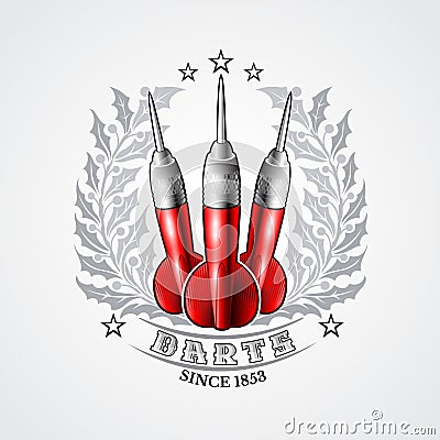 Three red darts in center of silver holy wreath. Sport logo for any darts game or championship Vector Illustration