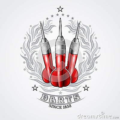 Three red darts in center of silver laurel wreath. Sport logo for any darts game or championship Vector Illustration