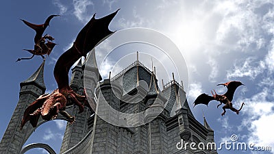 Three Red Dragons attacking the castle Stock Photo