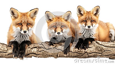 Three red foxes perched over a log, gazing forward with a white background Cartoon Illustration