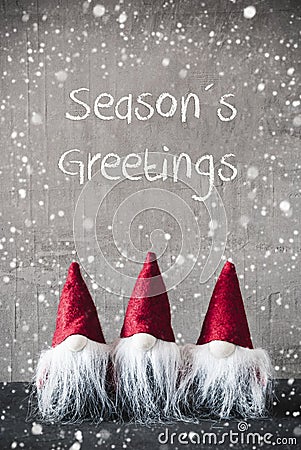 Three Red Gnomes, Cement, Snowflakes, Seasons Greetings Stock Photo