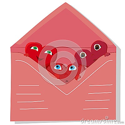 Three red hearts look out of a pink envelope Vector Illustration