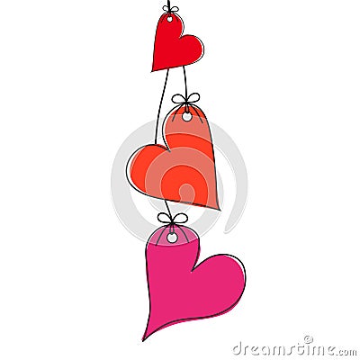 Three red and pink hearts on the rope on white, valentine`s gree Vector Illustration