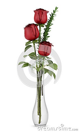 Three red roses in glass vase on white Stock Photo