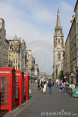 Three red telephone boxes Royal Mile, Edinburgh Editorial Stock Photo