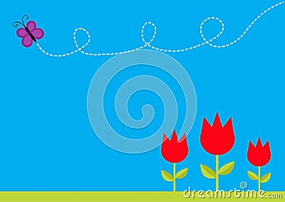 Three red tulip flower set with leaf and flying butterfly insect. Dash line loop. Floral plant decoration element. Flat design. Bl Vector Illustration