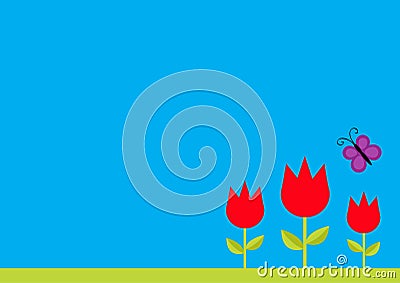 Three red tulip flower set with leaf and flying butterfly insect. Simple sticker template. Floral plant decoration element. Flat d Vector Illustration