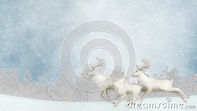 Three Reindeer Running Christmas Snowing Background Illustration Stock Photo
