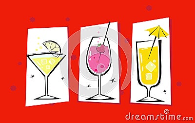 Three retro drinks isolated on red background Vector Illustration