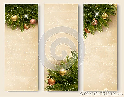Three retro holiday banners with christmas tree br Vector Illustration