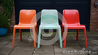 three Retro plastic chairs. Plastic furniture, chair, table, stool. generative ai Stock Photo