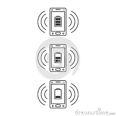 Ringing line art icons of smartphones with different levels of charging and signal waves Stock Photo