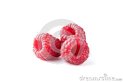 Three ripe raspberry fruits isolated on white background Stock Photo