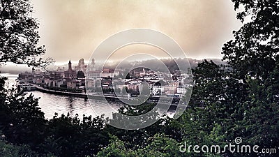 the three river city of Passau early in the morning Stock Photo