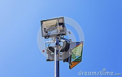 Three river lights on a street lamp post at playground Stock Photo