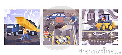 Three Road Repair Illustration Flat Icon Set Vector Illustration