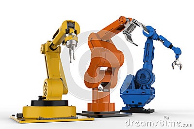 Three robotic arms on white background Stock Photo