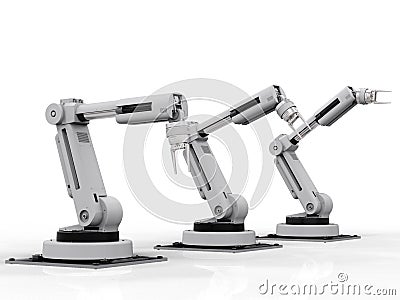 Three robotic arms on white background Stock Photo