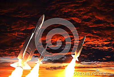 Three Rockets Takes Off On The Background Of Apocalyptic Sky Stock Photo