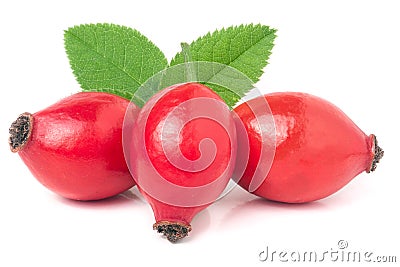 Three rose hip berry with leaves isolated on white background Stock Photo