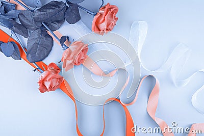 Three roses on a blue background with multicolored ribbons. Stock Photo