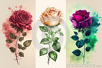 Three roses in watercolor style. Cartoon Illustration