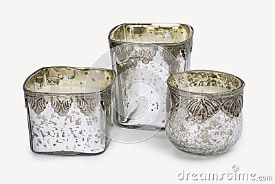 THREE ROUND CRACKLED GLASS CANDLEHOLDERS Stock Photo