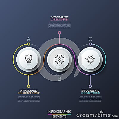 Three round elements with linear symbols inside, colored line going around them and text boxes. Infographic design Vector Illustration