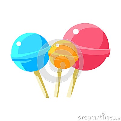 Three Round Lollyops Hard Candy On Stick, Fairy Tale Candy Land Fair Landscaping Element In Childish Colorful Design Vector Illustration