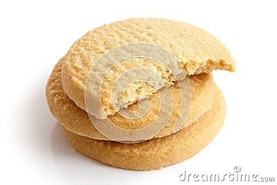 Three round shortbread biscuits isolated on white. Half biscuit. Stock Photo