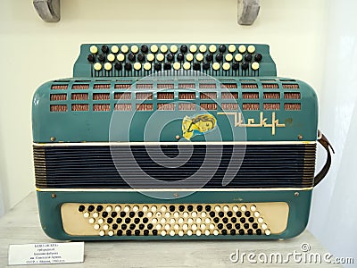 Three-row button accordion `Iskra` exhibit of the accordion museum, Tula Editorial Stock Photo