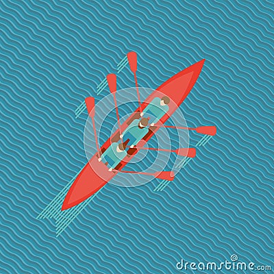 Three rowers in a boat. Vector Illustration