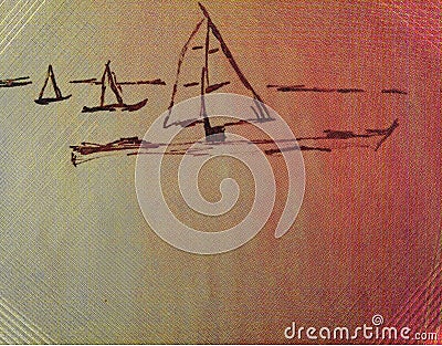 Three sailboats sail the sea mountains can be seen in the distance, illustration done by hand Cartoon Illustration