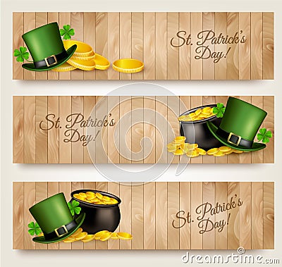 Three Saint Patrick's Day banners with lover leaves Vector Illustration