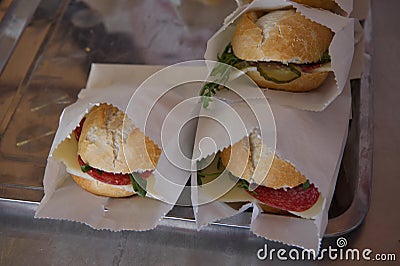 Three sandwiches with cheese and wurst Stock Photo