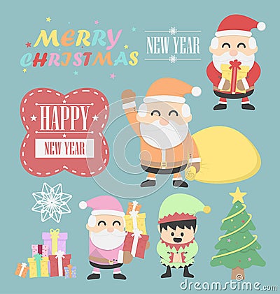 Three santa claus vntage with elf elements set Vector Illustration