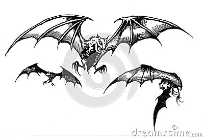 Three Scary Halloween Bats in Flight Stock Photo