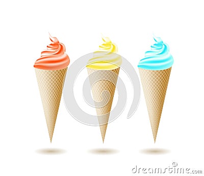 Three scented ice cream cones isolated on a white background in a 3D illustration. Vector Illustration