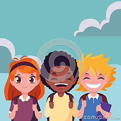 three school boys and girl with bags Cartoon Illustration