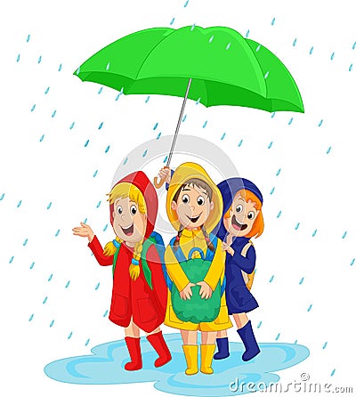 Three school girl with raincoat under a large umbrella on a rainy day Vector Illustration