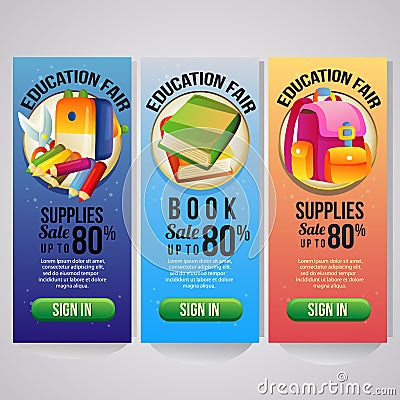 Three school holiday vertical banner website Vector Illustration