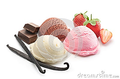 Three scoops of ice cream with ingredients Stock Photo