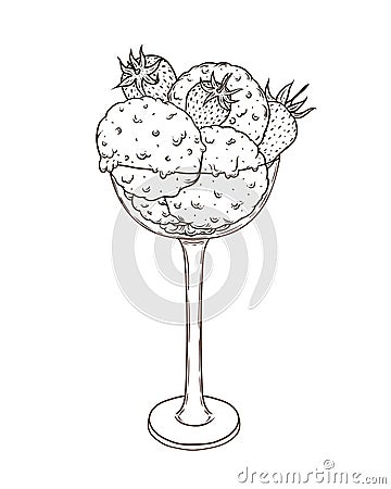 Three scoops of ice cream with strawberry in a tall glass. Hand drawn doodle Vector Illustration