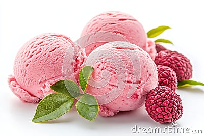 Three scoops of pink lychee ice cream with fresh green leaves and lychee fruit perfect for a refreshing summer treat Stock Photo