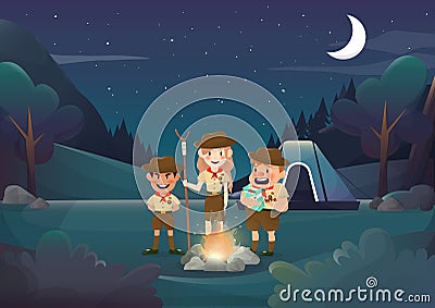 Three scouts camping for activity in the night illustration.vector Cartoon Illustration