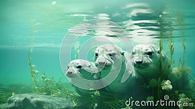 Three seals are swimming in the water, AI Stock Photo