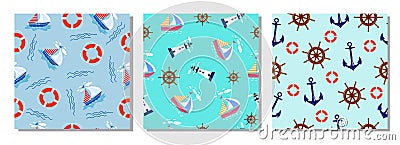 Three seamless nautical patterns. Nautical theme vector. Vector Illustration